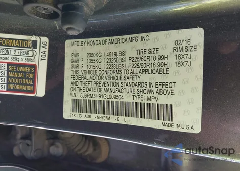 2016 Honda Cr-V Touring из США, поврежденный, VIN 5J6RM3H91GL009504